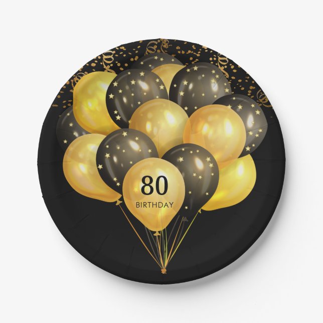 80th Surprise Birthday Black Gold Glitter Paper Plates (Front)