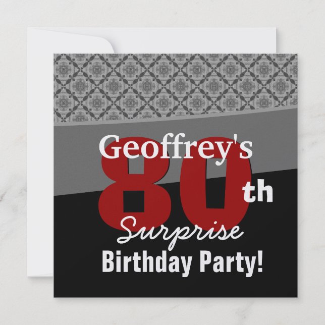 80th Surprise Birthday Black Red White Diamonds Invitation (Front)