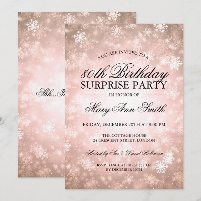80th Surprise Birthday Copper Winter Wonderland Invitation (Front/Back)