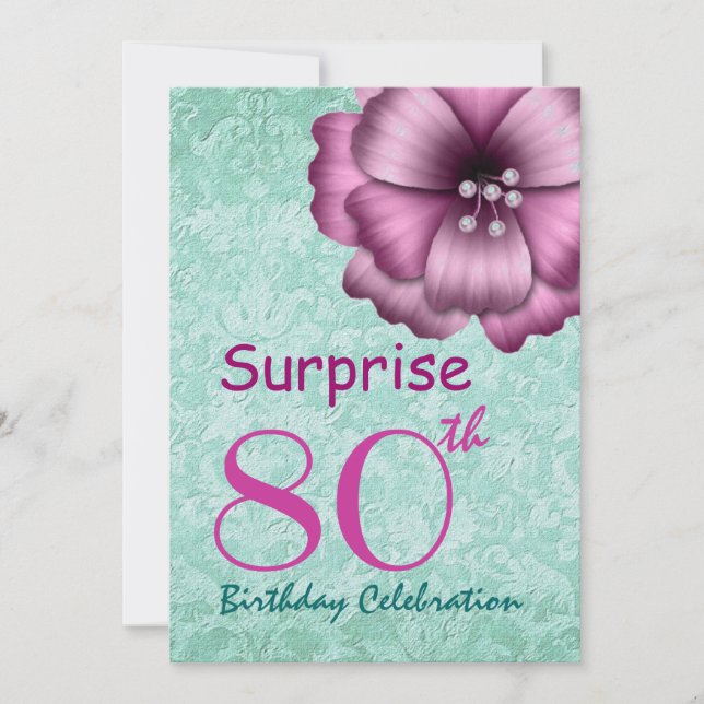 80th SURPRISE Birthday Party Pink Flower Bow Invitation (Front)