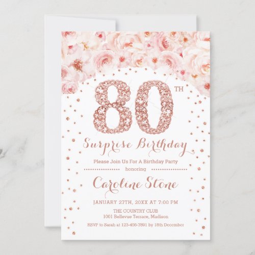80th Surprise Birthday Party _ White Rose Gold Invitation