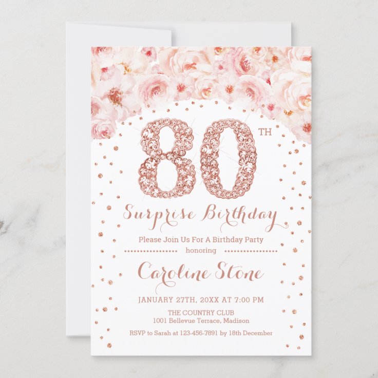 80th Surprise Birthday Party - White Rose Gold Invitation | Zazzle