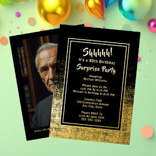 80th Surprise Birthday Photo on Back Black & Gold Foil Invitation
