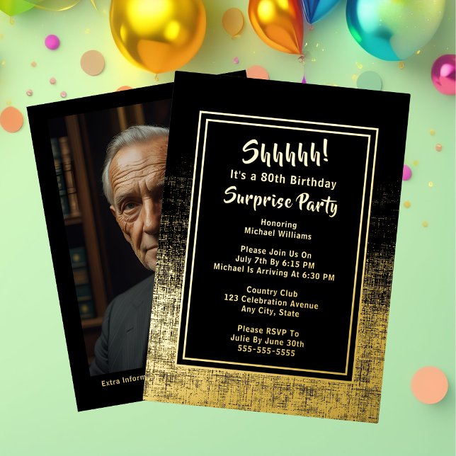 80th Surprise Birthday Photo on Back Black & Gold Foil Invitation (Creator Uploaded)