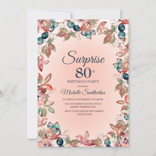 80th Surprise Birthday Women Pink Teal Floral Invitation
