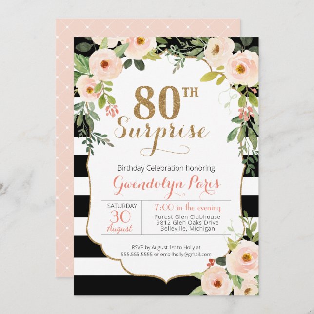 80th Surprise Black White Stripe Floral Birthday Invitation (Front/Back)