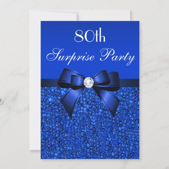 80th Surprise Party Royal Blue Sequins and Bow Invitation (Front)