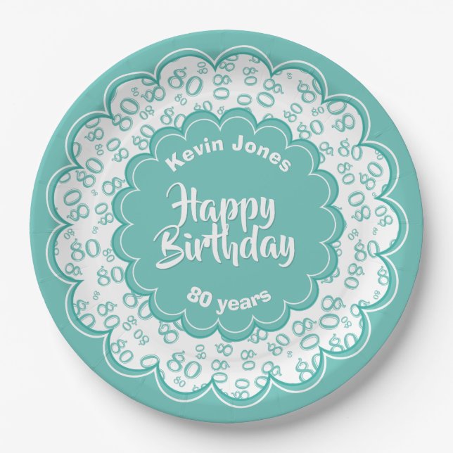 80th Teal/White Random Number Pattern Paper Plates (Front)