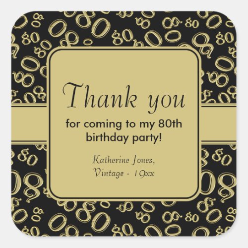 80th Thank You BlackGold Birthday Number Pattern Square Sticker