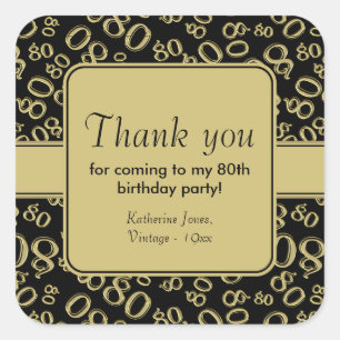 80th Thank You Black/Gold Birthday Number Pattern Square Sticker