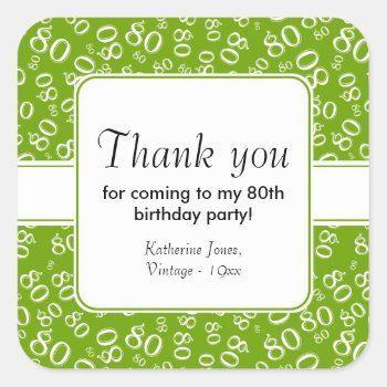 80th Thank You Green/white Birthday Number Pattern Square Sticker by NancyTrippPhotoGifts at Zazzle