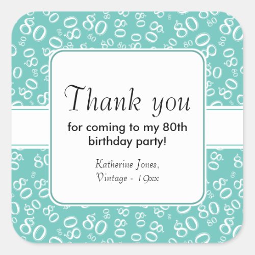 80th Thank You TealWhite Birthday Number Pattern Square Sticker
