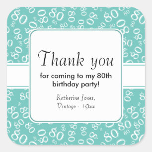 80th Thank You Teal/White Birthday Number Pattern Square Sticker