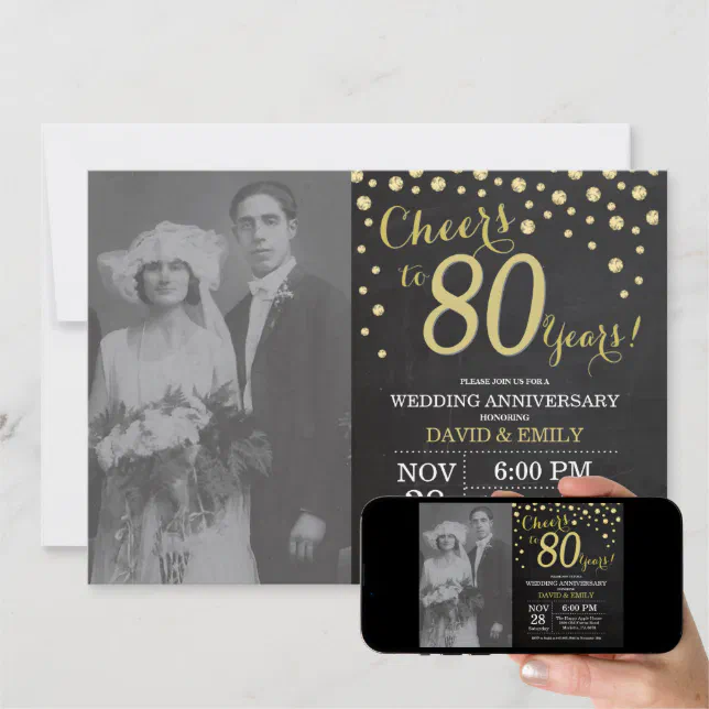 80th Wedding Anniversary Chalkboard Black and Gold Invitation | Zazzle