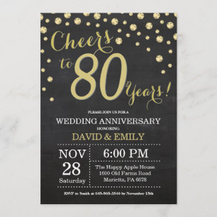 80th Wedding Anniversary Chalkboard Black and Gold Invitation