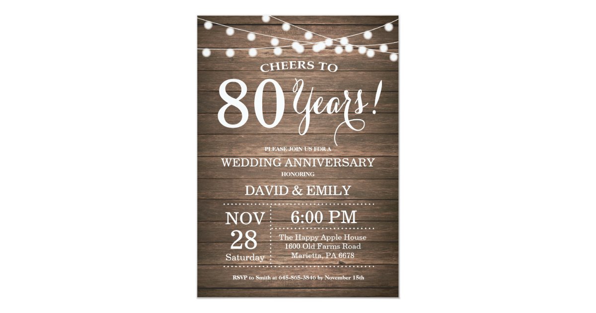 80th Wedding Anniversary Invitation Rustic Wood | Zazzle.com