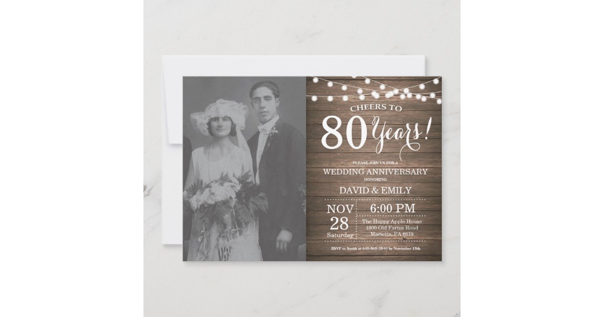 80th Wedding Anniversary Rustic Wood Invitation | Zazzle