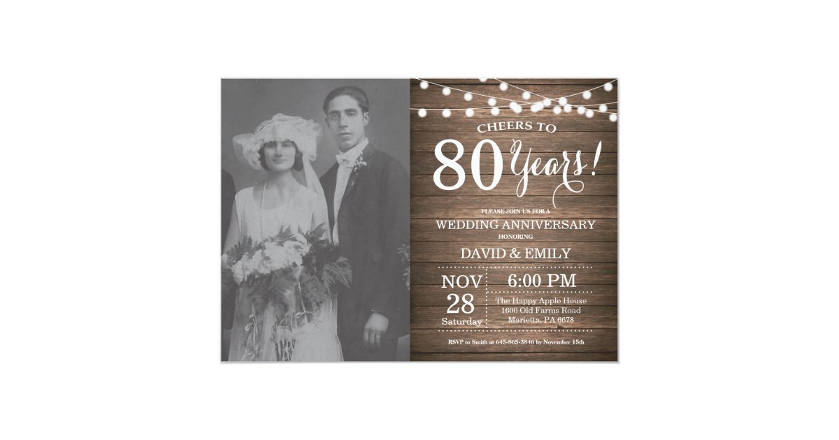 80th Wedding Anniversary Rustic Wood Invitation | Zazzle.com