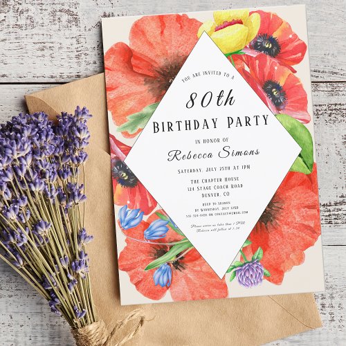 80th Wildflowers Botanical Red Poppies Birthday Invitation