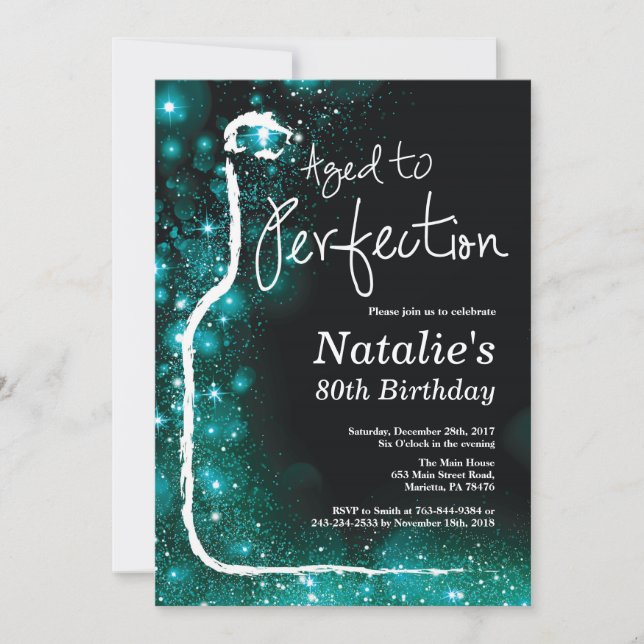 80th Wine Birthday Aged to Perfection Teal Invitation (Front)