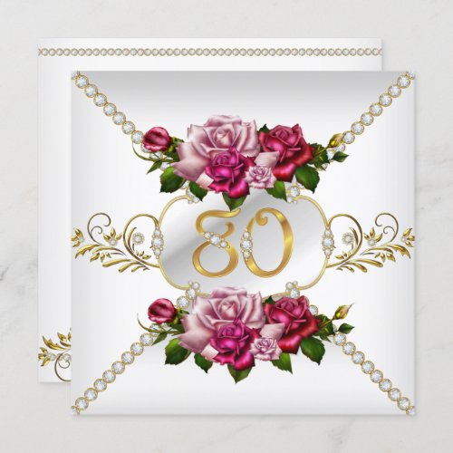 80th Womens Birthday Party Pink Roses White Gold Invitation