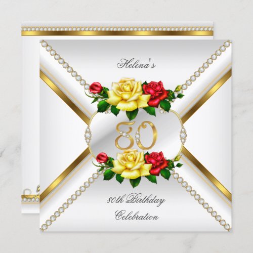 80th Womens Birthday Party Red Yellow Roses Invitation