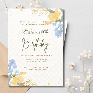 80th Yellow Blue Flowers Boho Watercolor Birthday  Invitation
