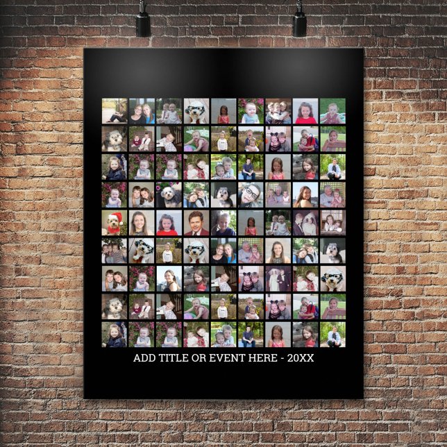 81 Square Photo Collage Grid - Custom Text - Black Poster (Personalized Poster - Add your photos and text)