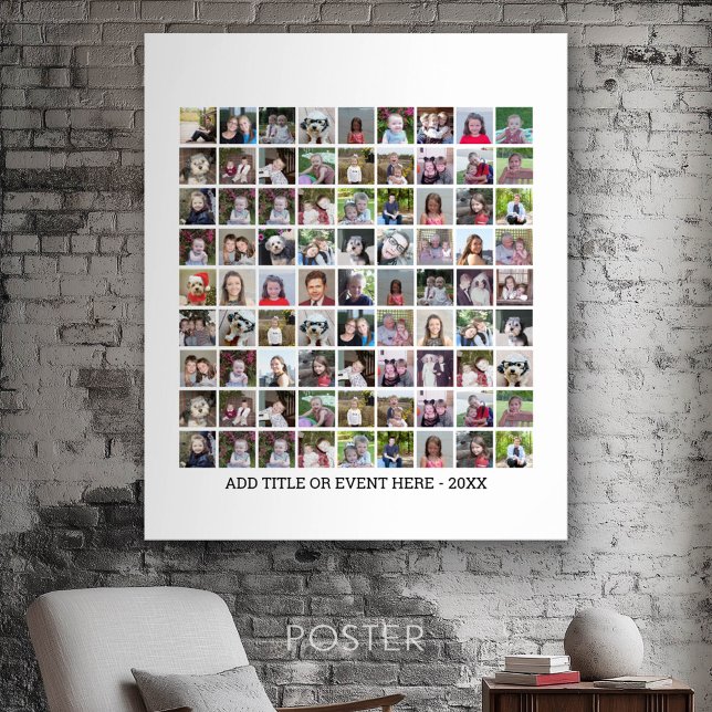 81 Square Photo Collage Grid - Custom Text - White Poster (Personalized Poster - Add your photos and text)