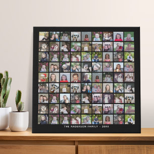 81 Square Photo Collage Grid with Text - black Faux Canvas Print