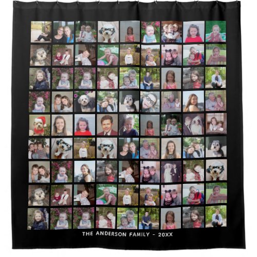 81 Square Photo Collage Grid with Text _ black Shower Curtain