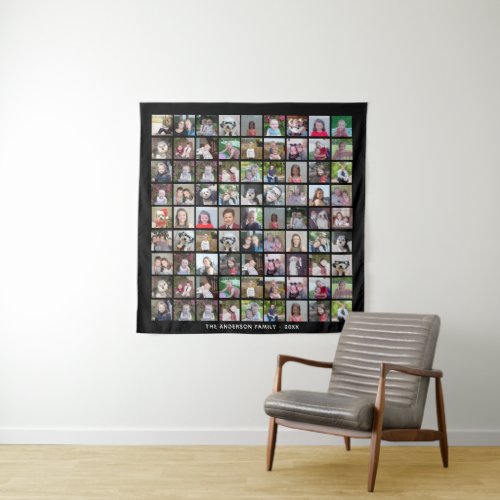 81 Square Photo Collage Grid with Text _ black Tapestry
