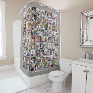 81 Square Photo Collage Grid with Text - grey Shower Curtain