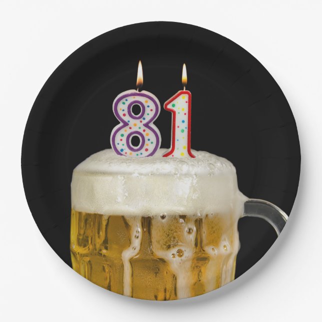 81st Birthday Beer on black Paper Plate (Front)