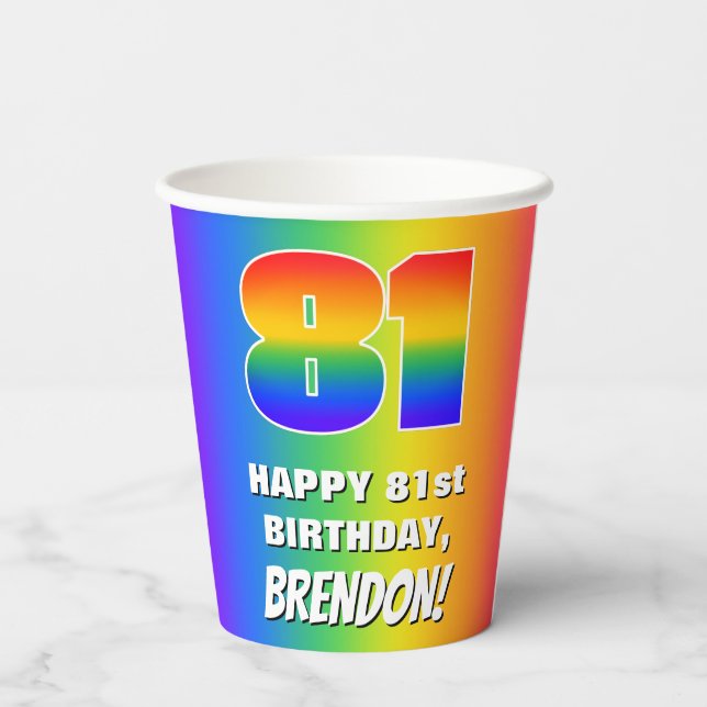 81st Birthday: Colorful, Fun Rainbow Pattern # 81 Paper Cups (Back)