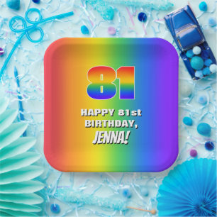81st Birthday: Colorful, Fun Rainbow Pattern # 81 Paper Plates