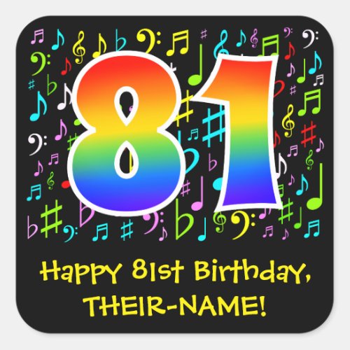 81st Birthday Colorful Music Symbols Rainbow 81 Square Sticker