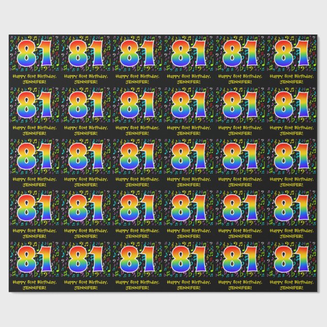 81st Birthday: Colorful Music Symbols, Rainbow 81 Wrapping Paper (Flat)