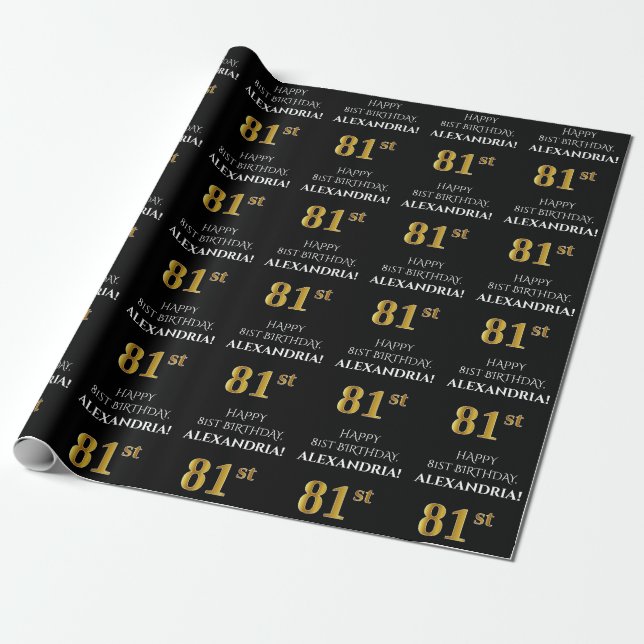 81st Birthday: Elegant, Black, Faux Gold Look Wrapping Paper (Unrolled)