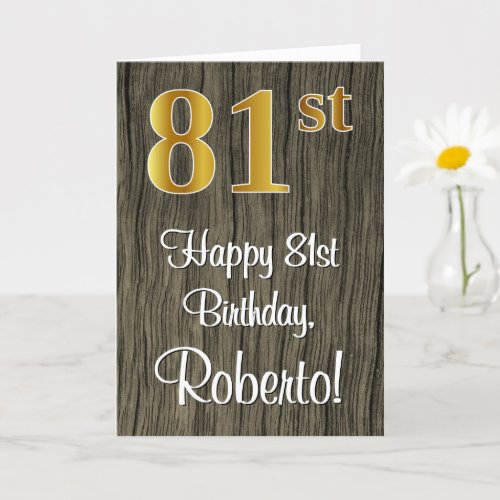 81st Birthday Elegant Faux Gold Look  Faux Wood Card