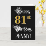 [ Thumbnail: 81st Birthday — Fancy Script; Faux Gold Look; Name Card ]