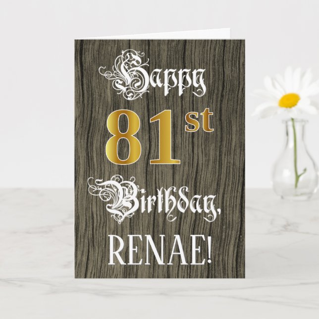 81st Birthday: Faux Gold Look + Faux Wood Pattern Card (Small Plant)