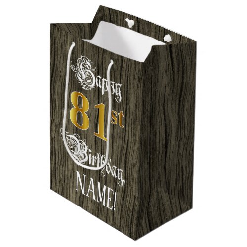 81st Birthday Faux Gold Look  Faux Wood Pattern Medium Gift Bag