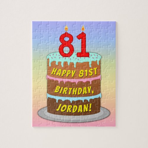 81st Birthday Fun Cake and Candles  Custom Name Jigsaw Puzzle