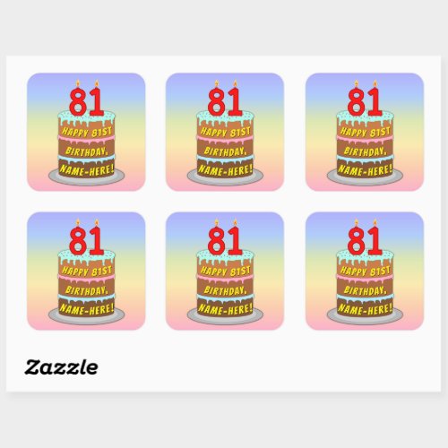 81st Birthday Fun Cake and Candles  Custom Name Square Sticker