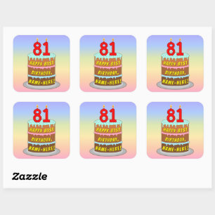 81st Birthday: Fun Cake and Candles + Custom Name Square Sticker