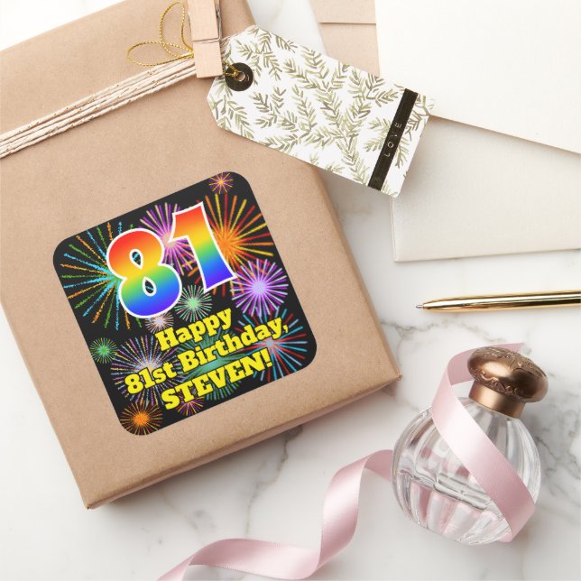 81st Birthday: Fun Fireworks Look, Rainbow # 81 Square Sticker (Gifting)