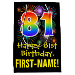 [ Thumbnail: 81st Birthday: Fun Fireworks Pattern + Rainbow 81 Gift Bag ]