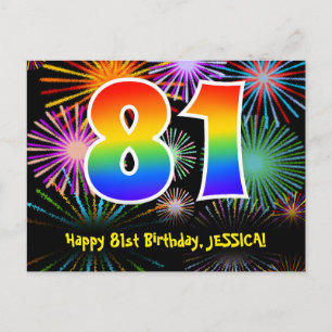 81st Birthday – Fun Fireworks Pattern + Rainbow 81 Postcard