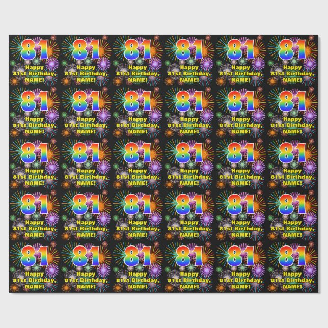 81st Birthday: Fun Fireworks, Rainbow Look # “81” Wrapping Paper (Flat)